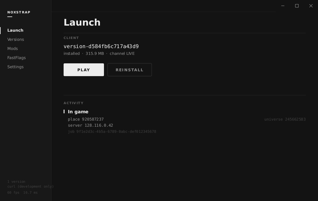 The launcher, with its own title bar — the system caption is removed and the window controls are drawn by the same renderer as everything else