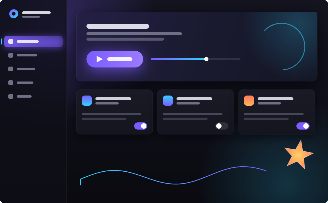 The 2D engine exercised deliberately: gradients, radial glows, frosted glass, soft shadows, a rounded-corner clip and stroked curves