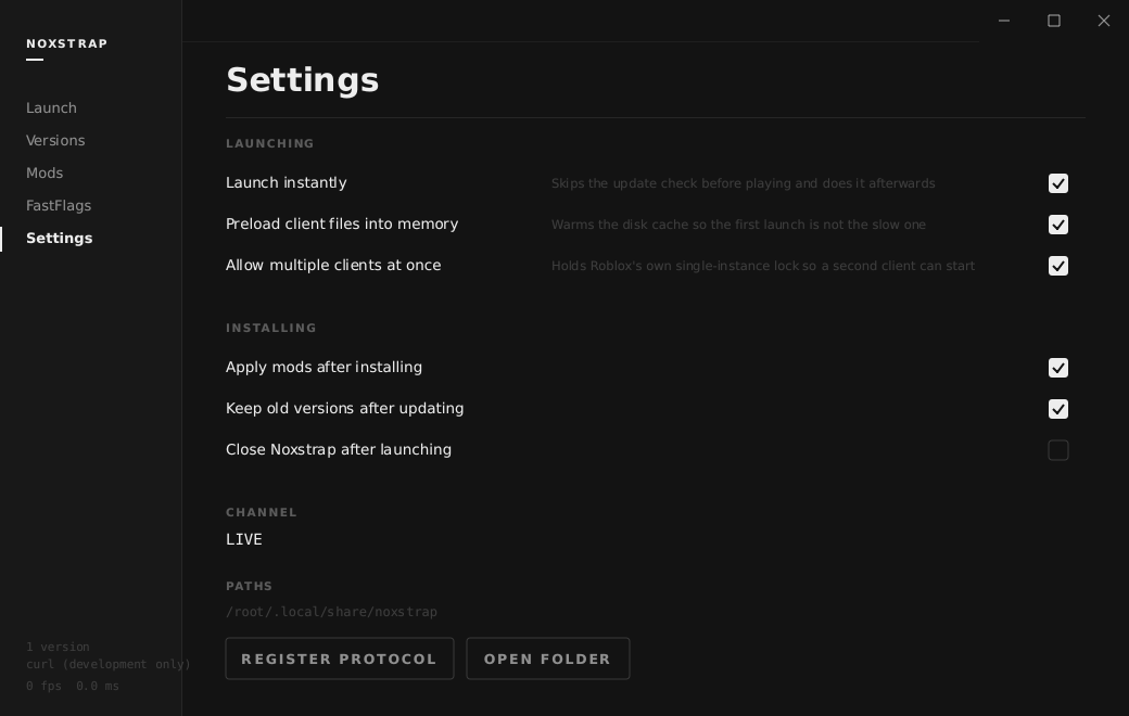 Settings is launcher behaviour only — launching, installing, channel, paths