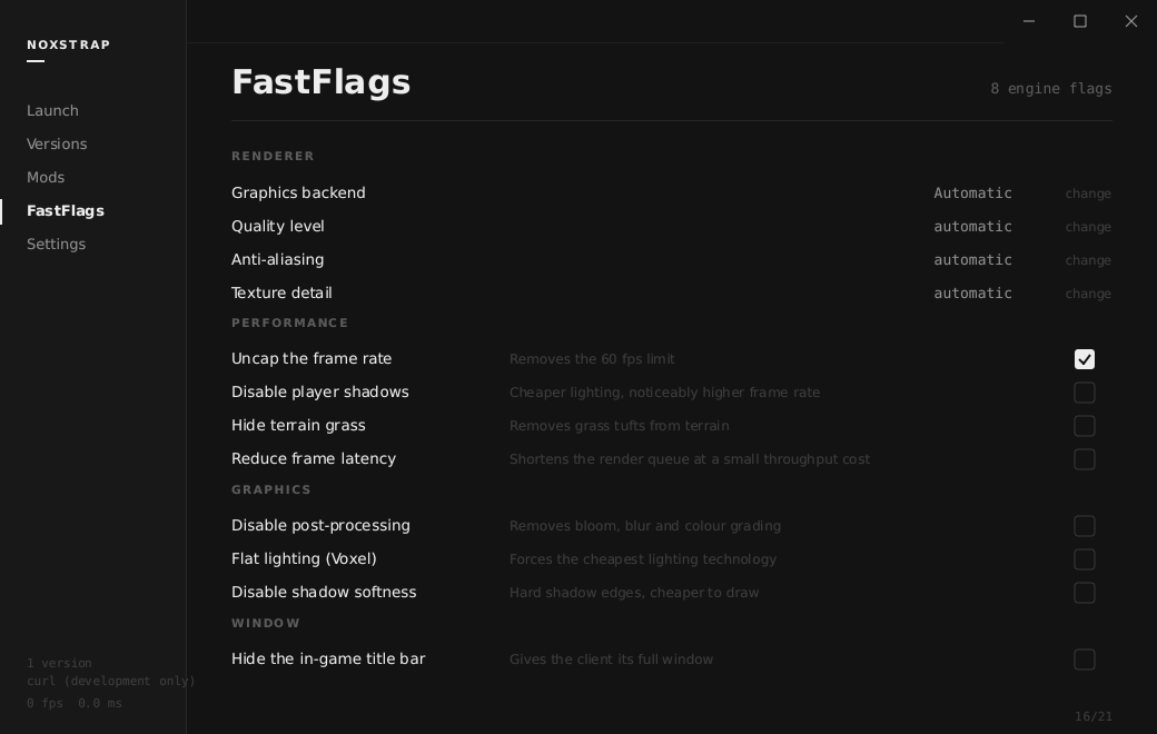 FastFlags: renderer, quality, anti-aliasing and texture pickers, then toggles grouped by performance, graphics, window and privacy