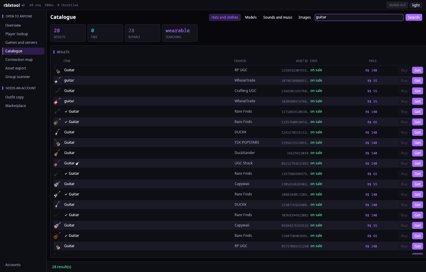 Catalogue search as a dense table - thumbnail, creator, asset id, whether it is actually buyable, price
