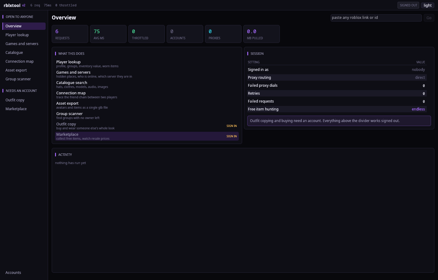 The overview: request counters, what the tool does, session state, and one box that takes any Roblox link