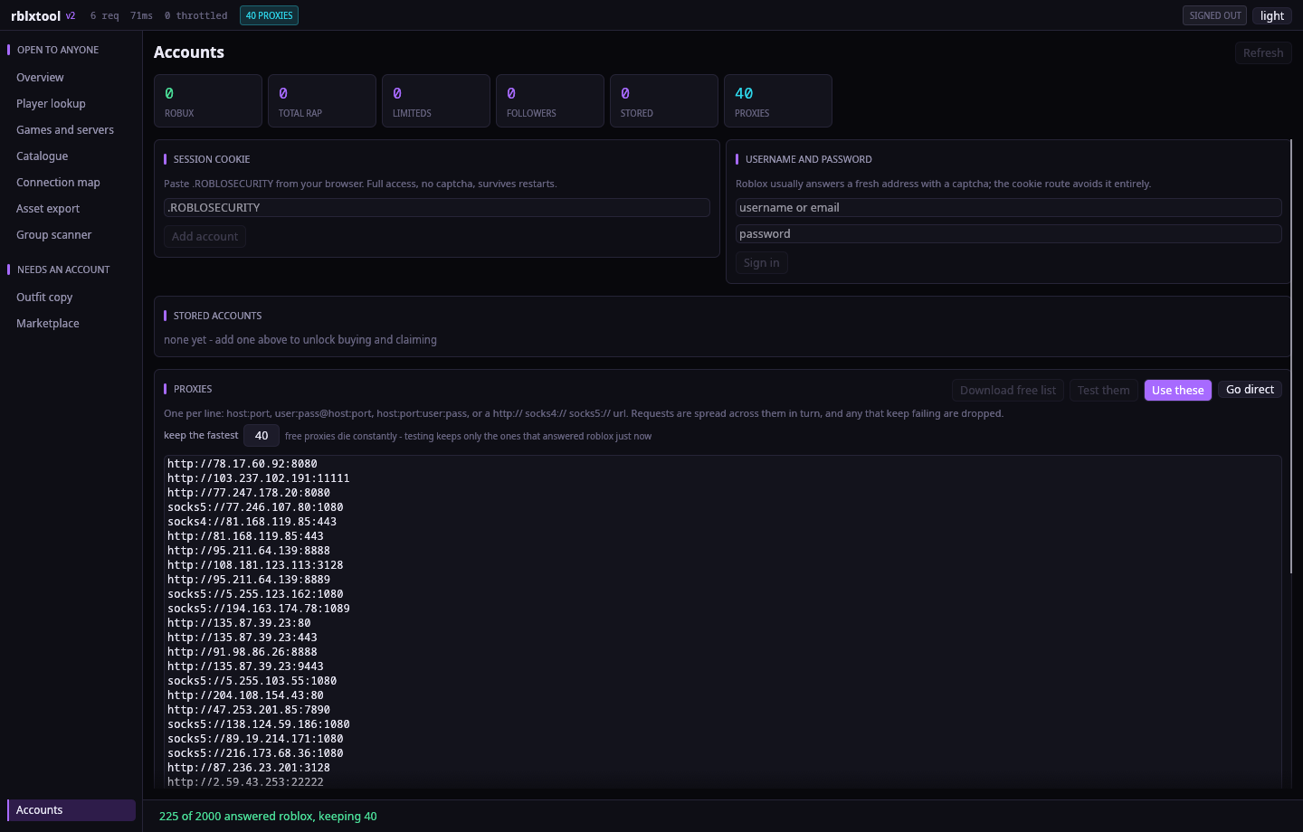 2,000 free proxies downloaded, 225 verified against Roblox, the fastest 40 kept and in rotation